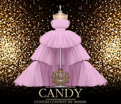 a pink dress is on display in front of some gold glittery background with the words candy