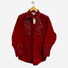 Vintage Nwt Cotton Express Embroidered Red Western Shirt Size Large Cowgirlcore 100% Cotton Botton Front One Small Spot On Front As Seen In Pic. Western Shirts, Vintage Cotton, Vintage Tops, Womens Tops, Red, Women Shopping, Color