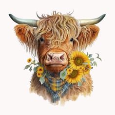 a watercolor painting of a cow with sunflowers