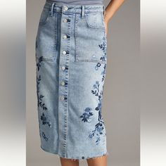 Driftwood Embroidered Modest Denim Midi Skirt Sky Size 29 Sold Out Style. Perfect Modest Denim Skirt. I Paid More Than Retail For This Skirt And I’m Asking For What I Paid For. Price Is Firm. Otherwise I Will Just Keep. Denim Midi Skirt Outfit, Modest Denim Skirts, Embroidery Skirt, Denim Skirt Outfits, Diy Skirt, Denim Diy, Denim Midi Skirt, Embroidered Denim, Straight Skirt