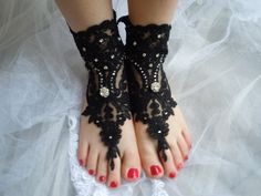 wedding gothic sandals, bridal accessories express shipping Handmade Barefoot Sandals For Party, Bohemian Black Anklets For Party, Black Bohemian Anklets For Party, Black Fitted Sandals For Wedding, Fitted Black Sandals For Wedding, Handmade Wedding Anklets, Black Ankle Strap Sandals For Wedding, Gothic Sandals, Wedding Gothic