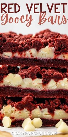 red velvet gooey bars stacked on top of each other