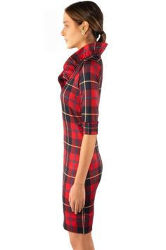 Tartan Ruffle Neck Dress The Tartan Ruffle Neck Dress blends the classic charm of tartan with modern elegance, perfect for both casual outings and stylish events. Made from a premium acrylic-wool blend, it combines wool's warmth with acrylic's durability, offering easy care and long-lasting wear. With over 5000 tartan variations to choose from, this dress allows you to showcase a design that reflects your heritage or personal taste. The chic 35-inch length, 3/4 sleeves with turn-back cuffs, and Elegant Fitted Plaid Work Dress, Fitted Plaid Dress For Work, Winter Plaid Ruffled Dresses, Elegant Fitted Plaid Dress, Classic Fitted Plaid Dress For Fall, Fitted Plaid Dress With Ruffles, Chic Plaid Winter Dress, Classic Fitted Plaid Dress, Elegant Plaid Dresses With Ruffles