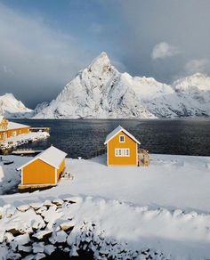 two yellow houses are in the snow by some water with mountains in the back ground