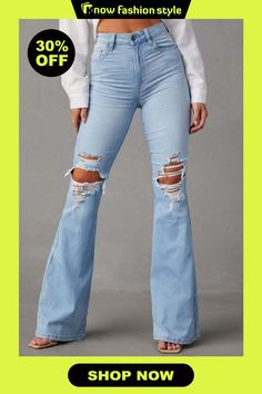 Casual High Waist Distressed Ripped Flare Leg Denim Jeans Fall Ripped Denim Flare Jeans, Trendy Ripped Flare Jeans For Fall, Trendy Non-stretch Distressed Flare Jeans, Ripped Stretch Flare Jeans For Summer, Ripped Fitted Flare Jeans For Summer, Summer Ripped Stretch Flare Jeans, Summer Ripped Fitted Flare Jeans, Fall Fitted Ripped Flare Jeans, Trendy Fitted Ripped Flare Jeans