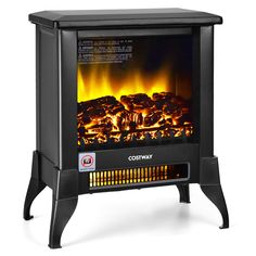 a black stove with flames in the front and side panels on it's sides