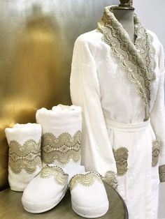 Feel a touch of Luxury and Uniqueness with this beautiful Elegant bathrobe, covered with first-class European Style Embroidery Lace. Exclusive Design Super Soft, Warm & Absorbent Robe Handmade with Care Premium European Style Embroidery Lace Naturally Antibacterial Bamboo Eco-Friendly & Organically Made Light, Plush and Delicate for Maximum Comfort Perfect for Daily Use, Morning, Bathroom, Spa, Lounge & Traveling Top Quality & Durable, Long-Lasting Fabric Our Super-Soft Bamboo terry robe offers Spa Lounge, Luxury Robes, Terry Robe, Bridal Gift Wrapping Ideas, Soft Robes, Towel Embroidery, Whisks, Bathroom Spa, Embroidery Lace