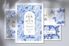 three wedding cards with blue and white flowers on the front, back and side views