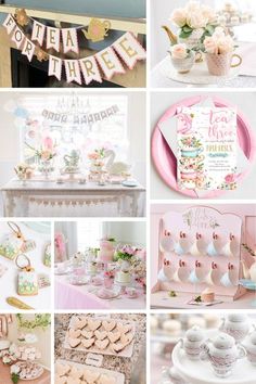 a collage of photos with pink and gold decorations, plates, teacups, flowers, and other items