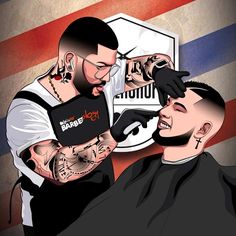 a man getting his hair cut at a barbershop with another man in the background