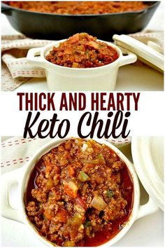 two bowls filled with thick and hearty keto chili next to a casserole dish