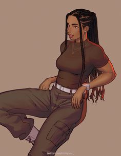 a drawing of a woman with braids sitting on top of her leg and looking off to the side