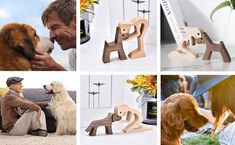 four different pictures of dogs and people with dog toys in them, one is sitting on the floor