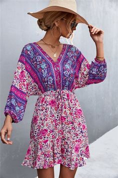 Women's Bohemian Dress Floral Print V-Neck Bat Sleeve Loose Casual Beach Mini Dress Multicolor Summer Dress With Split Neck, Bohemian V-neck Beach Dress For Vacation, Bohemian Multicolor Floral Print Beach Dress, Multicolor Bohemian Dress With Split Neck, Spring Patterned V-neck Boho Dress, Bohemian Multicolor Split Neck Dress, Multicolor Long Sleeve Boho Dress For Vacation, Long Sleeve Multicolor Boho Dress For Vacation, Spring V-neck Patterned Boho Dress