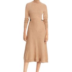 Turtleneck Long Raglan Sleeves Horsebit Hardware At Side Waist Flared Skirt Ribbed Trim Pullover Style 100% Wool Dry Clean Knee-length Sweater Dress For Work, Wool Long Sleeve Midi Dress For Spring, Chic Long Sleeve Wool Midi Dress, Fitted Beige Sweater Dress For Work, Chic Wool Midi Dress With Long Sleeves, Elegant Sweater Dress For Work, Formal Beige Midi Dress For Winter, Chic Sweater Dress With Buttons, Formal Fall Midi-length Sweater Dress