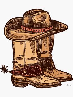 "Cowboy Hat and Boots ,Western " Sticker by Islanr | Redbubble Cowboy Hat Aesthetic, Cowboy Hat Art, Country Cow, Retro Cowboy, Hat Art, Quilt Art, Cowgirl Cowboy, Boots Western, Cowgirl Hat