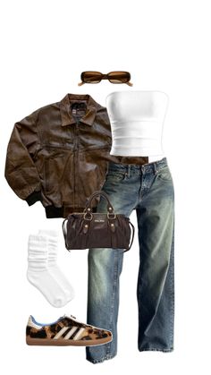 leather jacket, oufit, jeans, cheetah sambas, sambas, brown New York Outfits, Outfit Inspo Casual, Leather Jacket Outfits, Brown Outfit, Brown Jacket, Cute Everyday Outfits, Outfit Inspo Fall