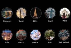 there are many different pictures in the world on this black background, including cities and landmarks