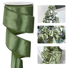 green satin ribbon with christmas tree in the background and holiday decorations around it, along with instructions for how to make an ornament