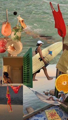 a collage of photos with people and surfboards in the water, orange slices on a beach towel