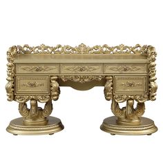 two golden desks with ornate carvings on them