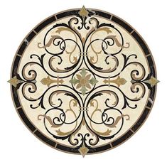 a circular tile with an ornate design on the center, and black border around it