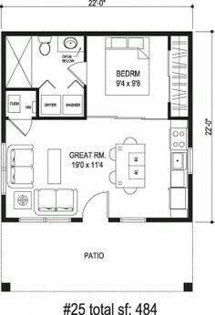 the floor plan for a small cabin with two bedroom and living room, as well as kitchen