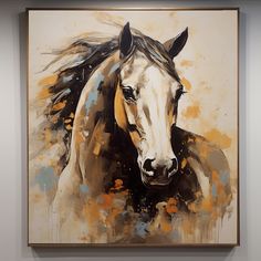 a painting of a white horse with black manes