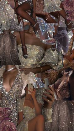 a collage of photos with women dressed in dresses and high heels, all holding cell phones