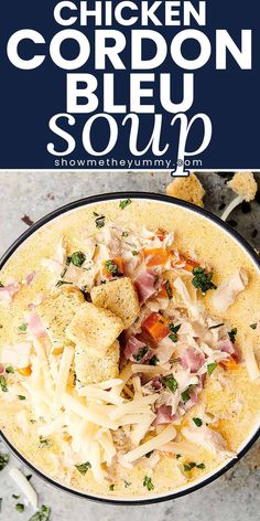 chicken cordon bleu soup in a white bowl