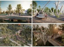 four different views of people walking and riding bikes on a bridge over a river with trees in the foreground