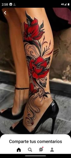 a woman's legs with red flowers on them and the words, compare tus comentarios