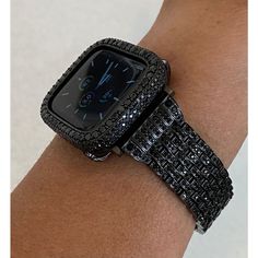 Bling Hand Made Apple Watch Band Style Replacement. Fits the Apple Watch available for sizes 38,40,41,42,44 and 45mm in series 1,2,3,4,5,6,7 or SE Men's & Women's. This is a custom design made to fit the Apple Watch, it is not a brand copy. Hand Made Custom Black on Black Apple Stainless Steel Watchband with Black Lab Diamonds and a Butterfly Buckle closure. Very High End Design and Quality, truly one of a kind. Add the matching bezel for an over the top Holiday Party Accessory. Jeweled Watch Ba Apple Watch Cover, Black Apple Watch, Black Apple Watch Band, Custom Apple Watch Bands, Holiday Party Accessories, Bracelet Apple Watch, Ceramic Watch, Apple Watch Case, Black Apple