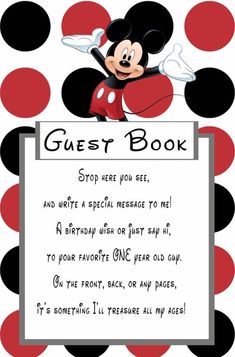 a mickey mouse guest book with polka dots on the bottom and an image of a minnie mouse