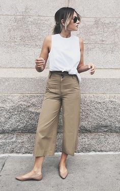 Nude Flats Outfit, Persephone Pants, Silhouette Mode, Nude Flats, Khaki Trousers, Casual Fridays, White Sleeveless Top, Popsugar Fashion