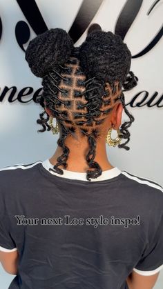 Renee |Hairstylists|Ukhair🇬🇧🇯🇲 | Buns and curls for the girls 🥰 What do you guys think about this cute Loc style combo? I Love everything about this look and had fun... | Instagram Loc Updos For Long Hair, Two Braid Loc Styles, Loc Two Ponytail Styles, Hoco Loc Styles, Hair Styles For Locs Long, Loc Low Bun, Two Buns With Locs, Birthday Locs Styles, Curly Locs Styles