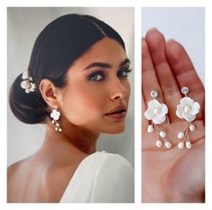 Floral bridal earrings have a way of looking just right alongside any type of wedding attire, whether you've chosen a formal ball gown, a flowy boho silhouette, or a romantic garden look. Made with a modern mix of ivory flowers entwined with vine pearls these stunning statement flower earrings are available in silver or gold to suit all tones. The earrings are lightweight and measure 1.5 inches in length. We have a gorgeous matching dainty floral hair comb also available-  -- Delivery is 3 weeks Elegant Bridal Dangle Earrings With Flower Charm, Elegant Dangle Bridal Earrings With 3d Flowers, White Dangle Bridal Earrings With 3d Flowers, Pearl Drop Flower-shaped Bridal Earrings, Boho Silhouette, Formal Flower-shaped Bridal Earrings With Pearl Drop, Bridal Dangle Earrings, Flower Earrings Dangle, White Flower Earrings