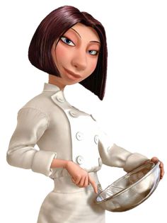 a woman in a chef outfit holding a frying pan