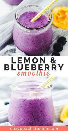 lemon and blueberry smoothie in a mason jar