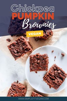 pumpkin brownies on a plate with text overlay that reads, chickpea pumpkin brownies vegan