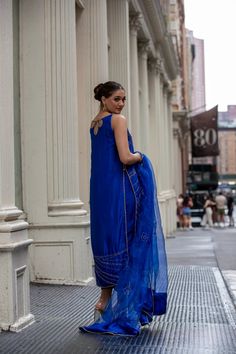 Sophistication charged with an electric blue outfit covered in silver whispers and intricate work. Pure silk shirt hand worked all over with naqshi, with silk lining and pure silk pants with details at bottom. Blue Silk Outfit, Electric Blue Outfit, Astoria Ny, Silk Outfit, Silk Pants, Blue Outfit, Blue Silk, Silk Shirt, Pure Silk