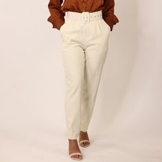 Our Tina Trouser Is A Pant For All Occasions. With A High-Waisted Fit And Side Pockets, This Lightweight Trouser Even Comes With A Free Matching Belt! White Belted High-waisted Pants, Elegant Paperbag Waist Bottoms, White Belted Pants For Work, White Fitted Belted Bottoms, High Waist White Belted Pants, White High Waist Belted Pants, White High-waist Belted Pants, White Belted Pants For Spring, Trendy White Belted Bottoms