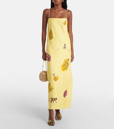 Diamond Dancer linen-blend midi dress in yellow - Alemais | Mytheresa Cotton Midi Dress For Summer, Beach Midi Dress With Straight Neckline, Spring Sundress With Straight Neckline Maxi Dress, Unlined Midi Dress For Summer, Fitted Floral Print Linen Midi Dress, Fitted Linen Midi Dress With Floral Print, Spring Maxi Dress With Straight Neckline For Daywear, Summer Maxi Dress With Straight Neckline For Daywear, Chic Unlined Maxi Dress For Spring