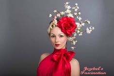 Starlet in Scarlet - A large red rose backed by many floral dogwood branches; the perfect standout romantic look to top off your garden party, tea party, or horse event! Red Fascinator For Spring Garden Party, Red Fitted Fascinator For Garden Party, Red Handmade Flowers Fascinator For Spring, Red Fascinator For Royal Ascot Garden Party, Red Fascinator For Garden Party At Royal Ascot, Elegant Red Fascinator For Garden Party, Red Flower Fascinator For Party, Costume Fleur, Rose Headpiece