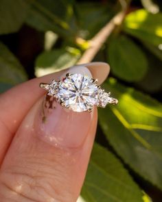 a woman's hand holding an engagement ring with three stones on it and leaves in the background