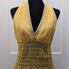 Laundry By Shelli Segal Silk Top Yellow, Sleeveless, With Tags, Never Worn V- Neck With Beaded Detailing Size: Medium Measurements: Pit To Pit: 16 1/2 Inches Top Length: 23 Inches (From Top Shoulder To Bottom Hem) Festive Yellow V-neck Top, Yellow Top For Spring Wedding, Yellow Spring Wedding Top, Yellow Top, Silk Top, Womens Tops, Size Medium, V Neck, Silk