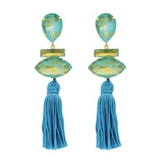 RESORT-READY WHAT IT IS: A turquoise-and-royal-blue statement pair of tasseled earrings with a chic composition of gems WHY IT’S SPECIAL: Two words: Italian glamour Tassels are always in style GOOD TO KNOW: Resin, brass covered with a patina of nickel-free goldHandmade in an Italian family workshop WHY WE LOVE VERONICA TORDI:﻿ From the family that manufactured Prada jewelry, Veronica Tordi celebrates Italian heritage and high fashion artistry in the best way possible. Bold colors and even bolder silhouettes make these the quintessential statement pieces. Plus, nickel-free gold makes them great for sensitive skin. Elegant Turquoise Tassel Earrings, Turquoise Tassel Earrings For Party, Turquoise Dangle Tassel Earrings For Party, Party Turquoise Tassel Earrings, Elegant Turquoise Earrings With Tassels, Elegant Turquoise Tassel Earrings For Gifts, Elegant Blue Chandelier Earrings With Latkans, Italian Glamour, Italian Family