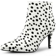 Step back in time with these outstanding shiny polka dots ankle boots, which lend playful texture to this lively boot with high heel for elegant charming. With a pointed toe, stiletto heel and your top, perfect addition to your footwear collection. Polka Dots High Heel ; Ankle Boots;Stiletto Heel;Side Zip;Occasion: Party, Office, Casual, Christmas Days, Dating, Evening;Vamp: Satin; Outsole: Rubber; Heel: ABS;Heel Height: 3 1/3 inches; Shaft Height: 3 8/9 inches. Purple Ankle Boots, Ankle Boots White, High Heel Ankle Boots, Boots White, Womens Stilettos, Shoes Boots Ankle, Closed Toe Shoes, Heel Ankle Boots, Clear Heels