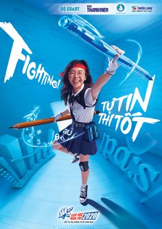 a girl is flying through the air with an airplane on her back and arms in the air