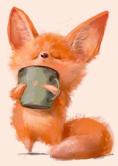 a painting of a little fox holding a cup with its paws on it's face